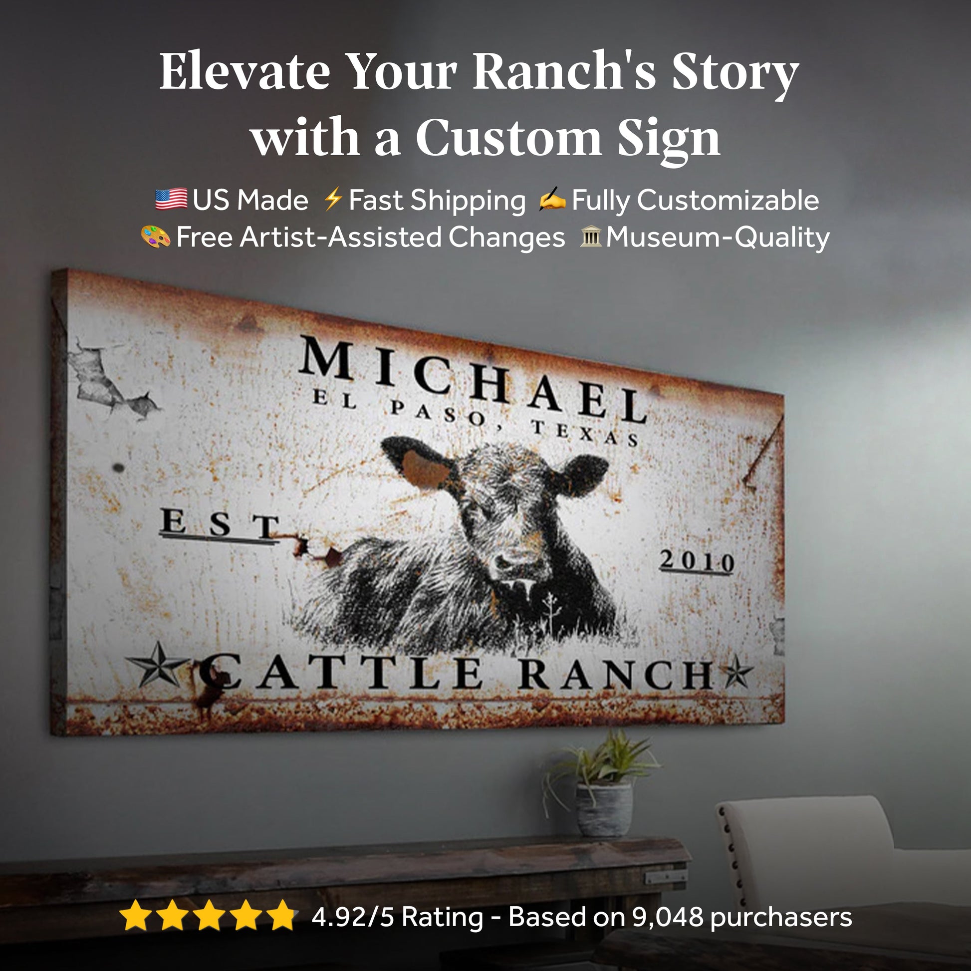 Canvas sign Cattle Ranch by Tailored Canvases with rustic cattle illustration on Tampa Home & Garden Store
