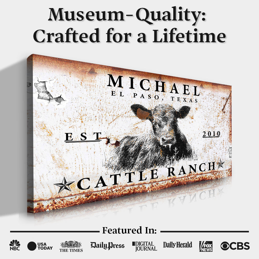 Cattle Ranch Sign X canvas by Tailored Canvases with rustic cow illustration and typography on Tampa Home & Garden Store