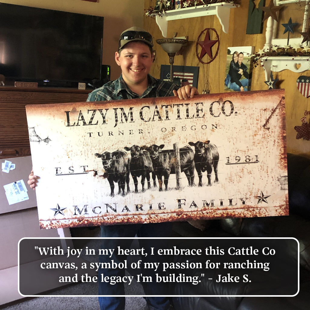 Cattle Ranch Sign X canvas with rustic distressed beige finish and black cattle illustration on Tampa Home & Garden Store