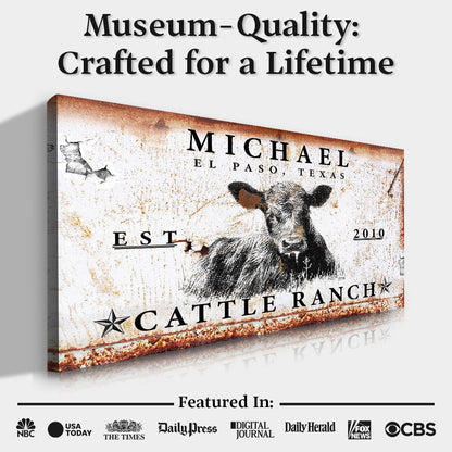 Cattle Ranch Sign X canvas wall art with rusted texture and cow illustration Tailored Canvases on Tampa Home & Garden Store