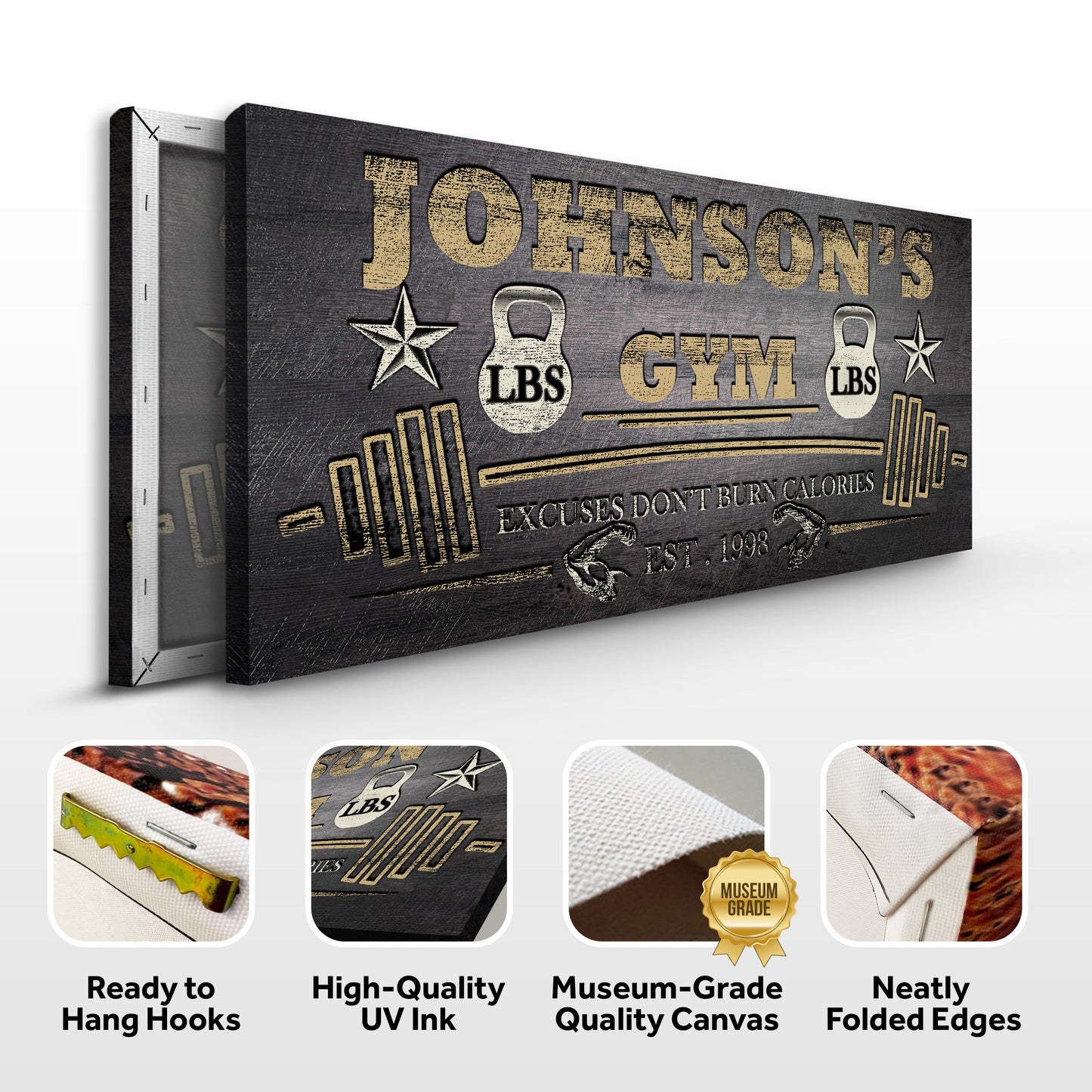 Gym Sign VIII canvas by Tailored Canvases, gold JOHNSONS GYM lettering and weight icons on Tampa Home & Garden Store