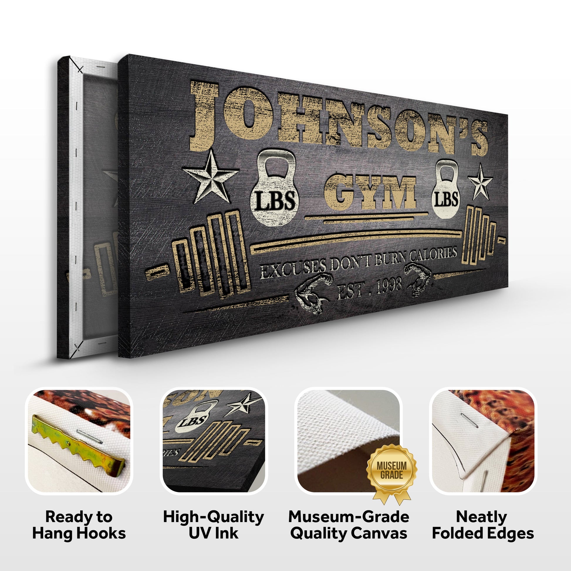 Gym Sign VIII canvas by Tailored Canvases, gold JOHNSONS GYM lettering and weight icons on Tampa Home & Garden Store