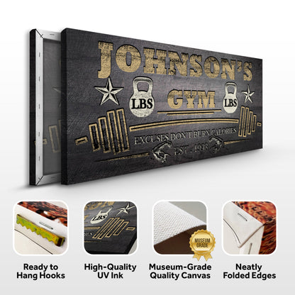 Gym Sign VIII canvas by Tailored Canvases, gold JOHNSONS GYM lettering and weight icons on Tampa Home & Garden Store