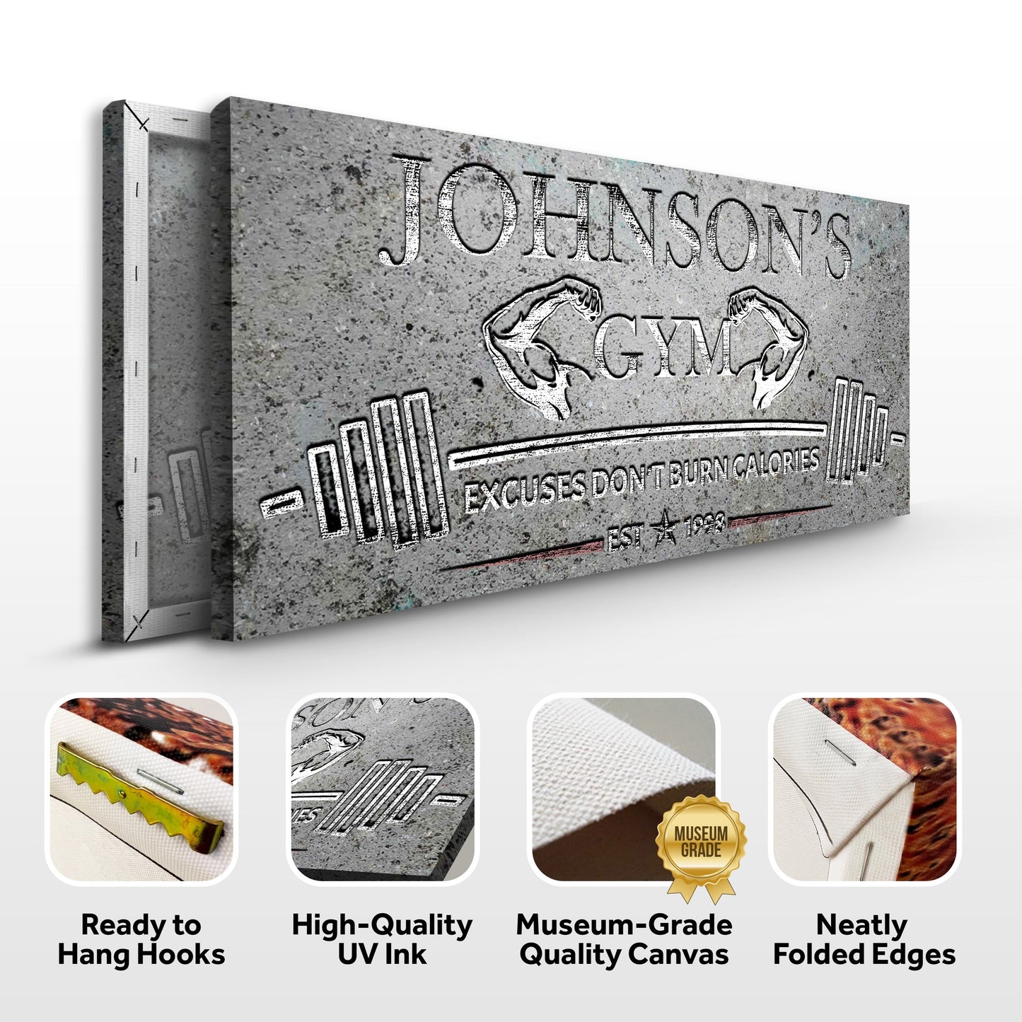 Gym Sign IX canvas gray speckled texture with JOHNSON'S GYM logo and flexed-arm graphic on Tampa Home & Garden Store