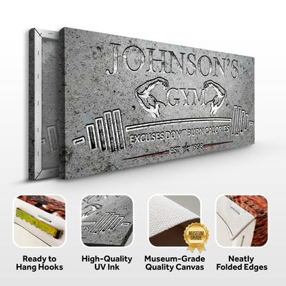 Gym Sign IX canvas gray speckled texture with JOHNSON'S GYM logo and flexed-arm graphic on Tampa Home & Garden Store