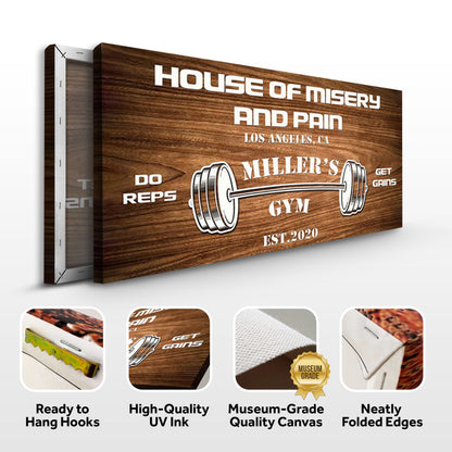 Gym Sign XII canvas by Tailored Canvases with wood grain backdrop and gym graphics on Tampa Home & Garden Store