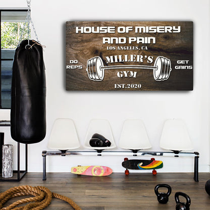 Gym Sign IV canvas crafting art with wood grain and barbell graphic Tailored Canvases on Tampa Home & Garden Store