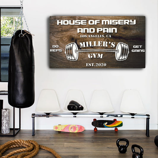 Gym Sign IV canvas crafting art with wood grain and barbell graphic Tailored Canvases on Tampa Home & Garden Store