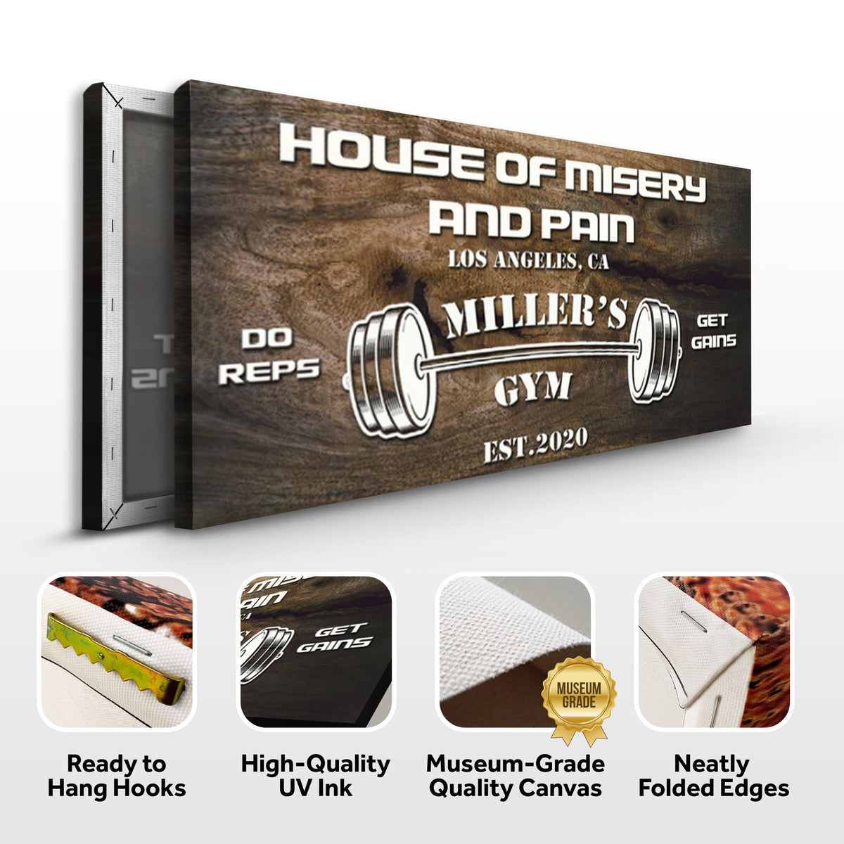Gym Sign IV canvas by Tailored Canvases with wood-grain and bold white lettering on Tampa Home & Garden Store