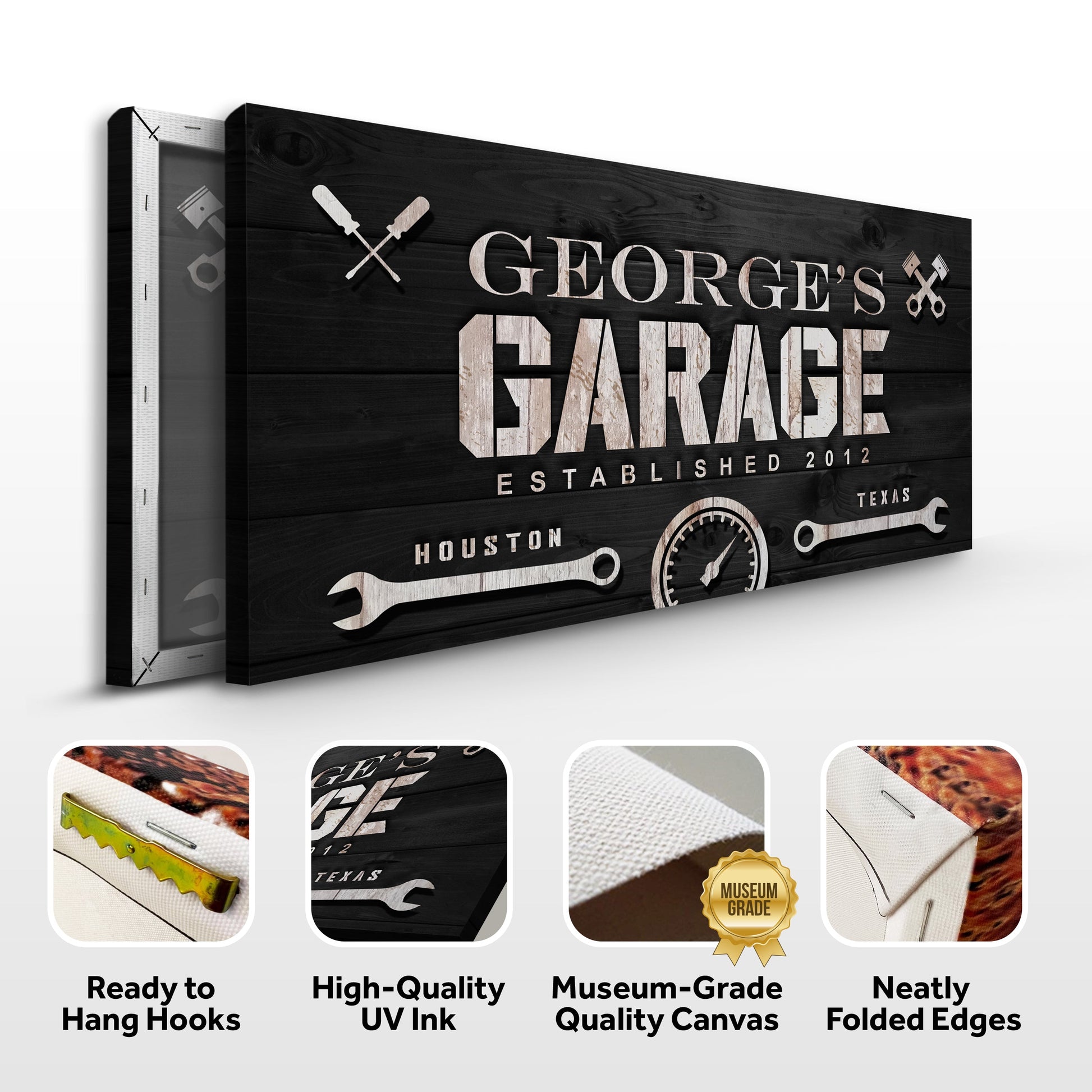 Canvas Man Cave Garage Sign by Tailored Canvases, black woodgrain with white lettering on Tampa Home & Garden Store