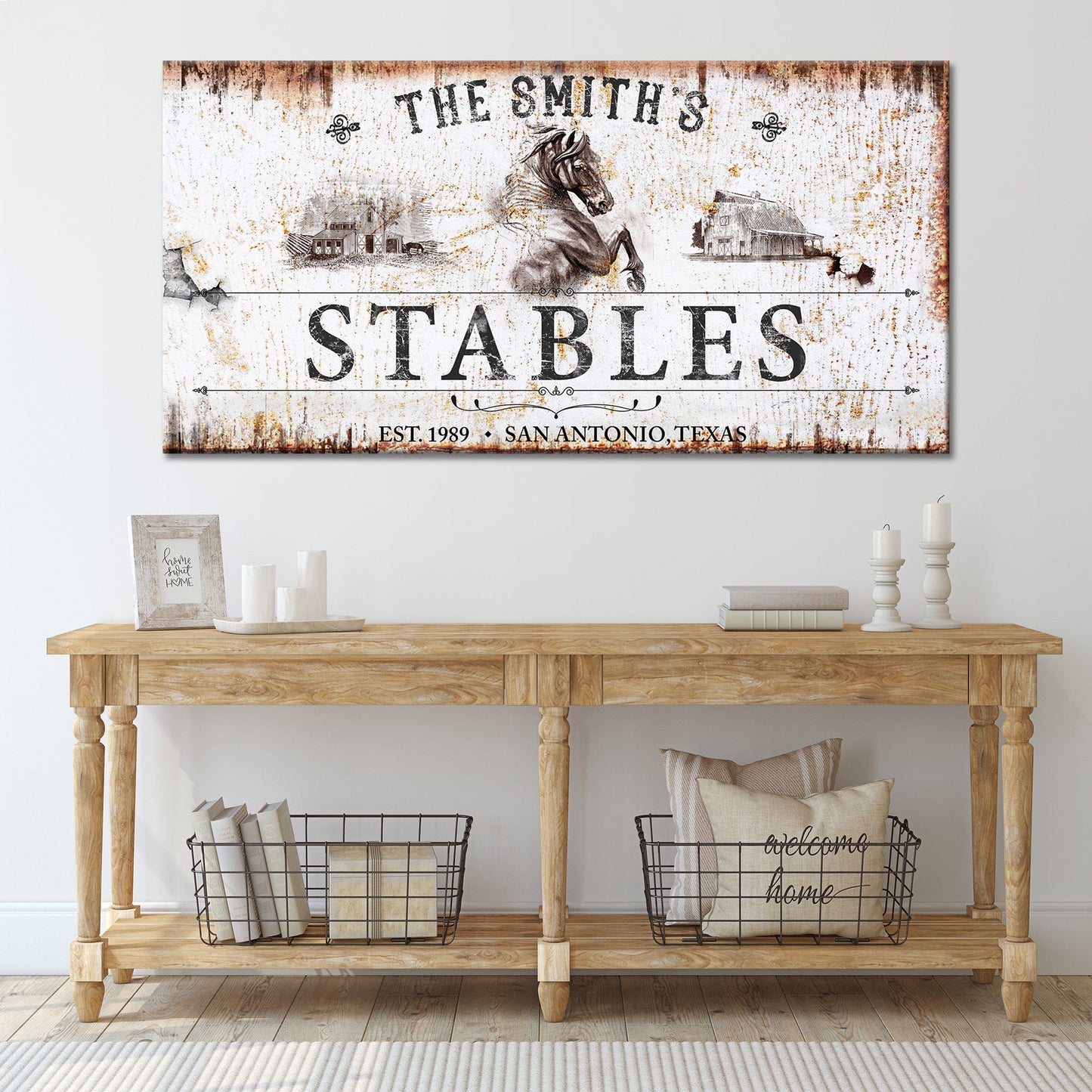 Rustic stables decor sign canvas with horse and barn scene aged wood look Tailored Canvases on Tampa Home & Garden Store