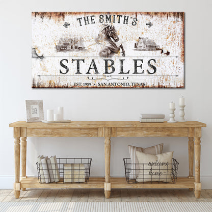 Rustic stables decor sign canvas with horse and barn scene aged wood look Tailored Canvases on Tampa Home & Garden Store