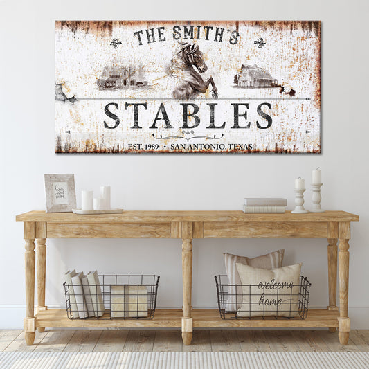 Rustic stables decor sign canvas with horse and barn scene aged wood look Tailored Canvases on Tampa Home & Garden Store