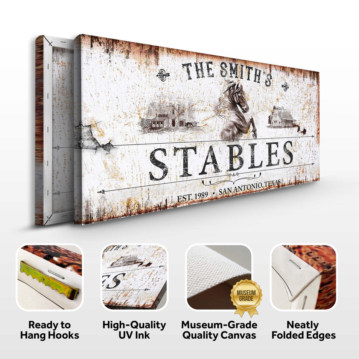 Rustic Stables Decor Sign canvas by Tailored Canvases with horse illustration and weathered look on Tampa Home & Garden Store