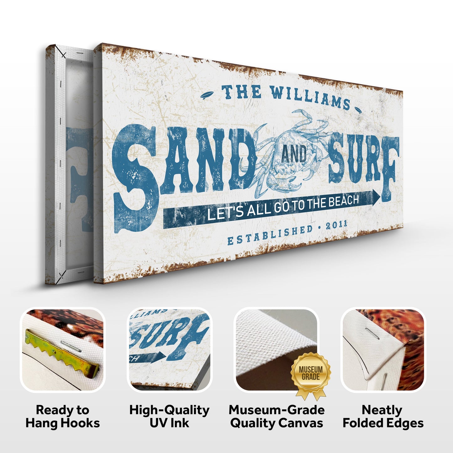 Sand And Surf sign canvas by Tailored Canvases with rust-streaked edges and blue typography on Tampa Home & Garden Store