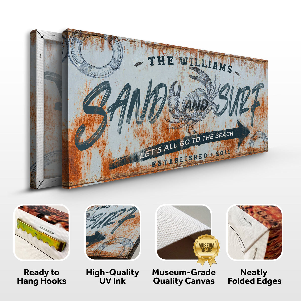 Sand And Surf Sign V canvas by Tailored Canvases with rusted edge and nautical crab art on Tampa Home & Garden Store