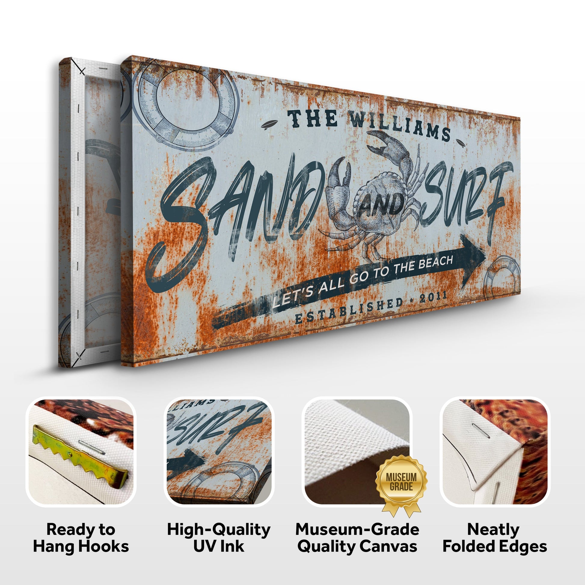 Sand And Surf Sign V canvas by Tailored Canvases with rusted edge and nautical crab art on Tampa Home & Garden Store