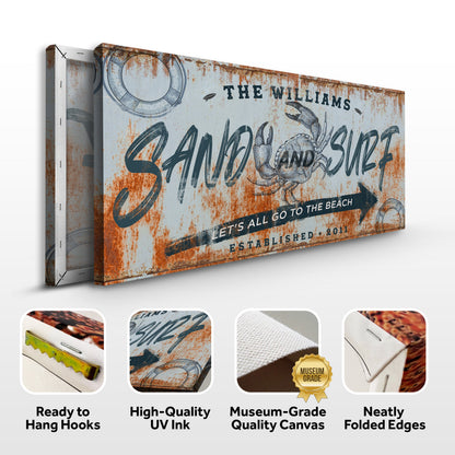 Sand And Surf Sign V canvas by Tailored Canvases with rusted edge and nautical crab art on Tampa Home & Garden Store