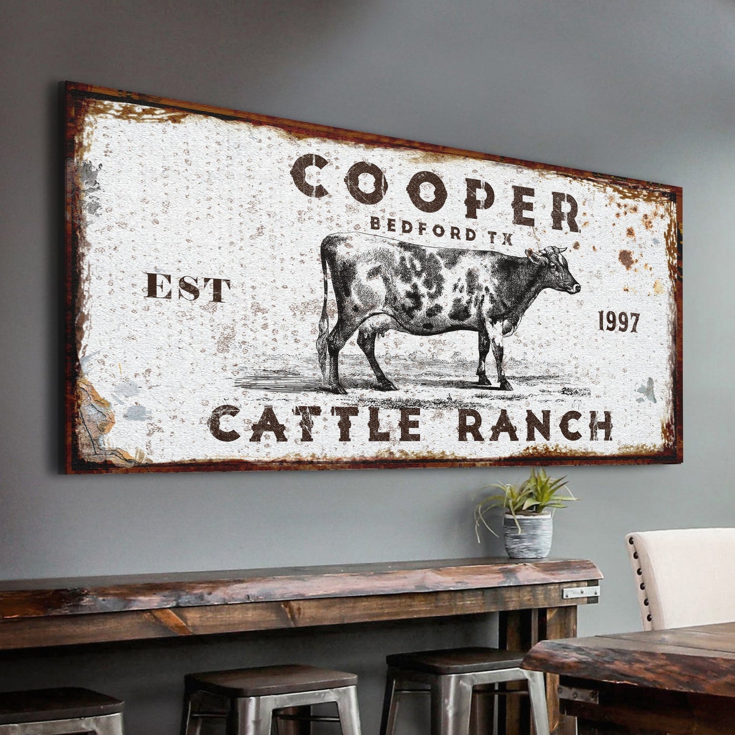 Personalized Cattle Ranch Rustic Sign II canvas with a weathered background and cow motif on Tampa Home & Garden Store