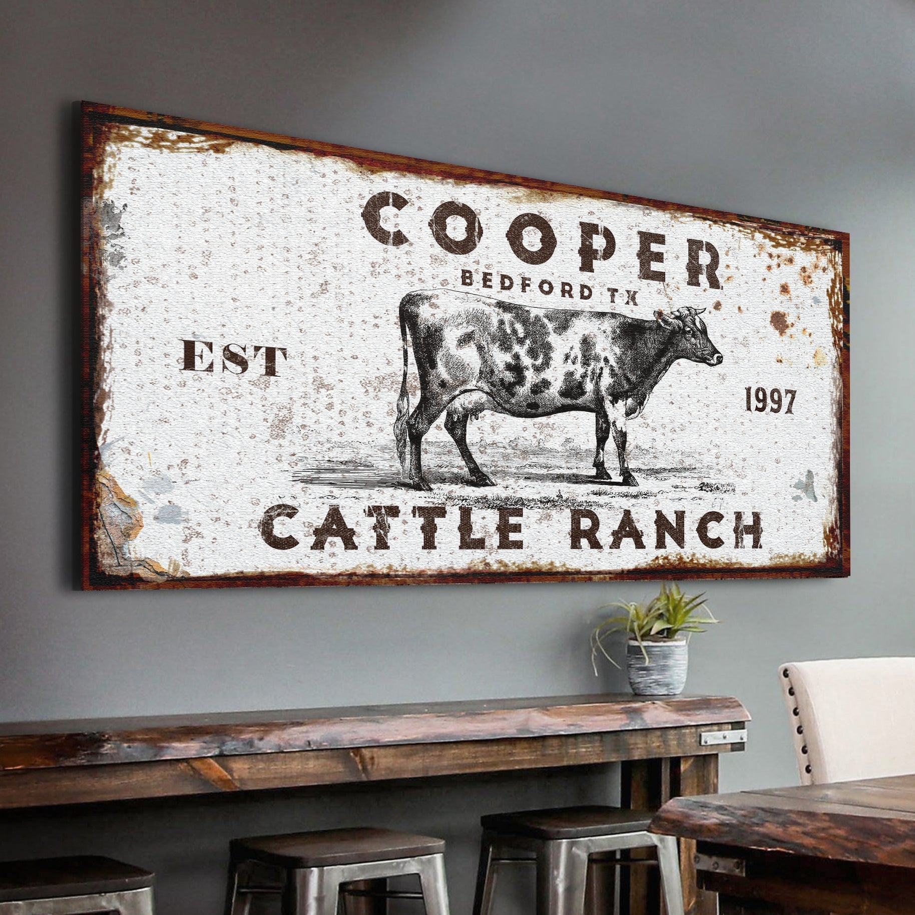 Personalized Cattle Ranch Rustic Sign II canvas with a weathered background and cow motif on Tampa Home & Garden Store