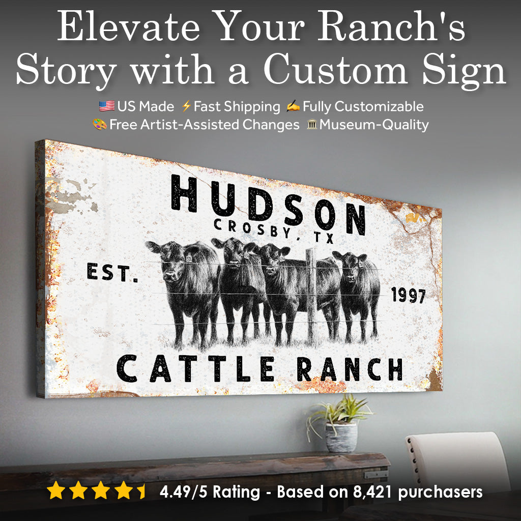 Cattle Ranch rustic sign canvas wall art by Tailored Canvases with black cattle image on Tampa Home & Garden Store