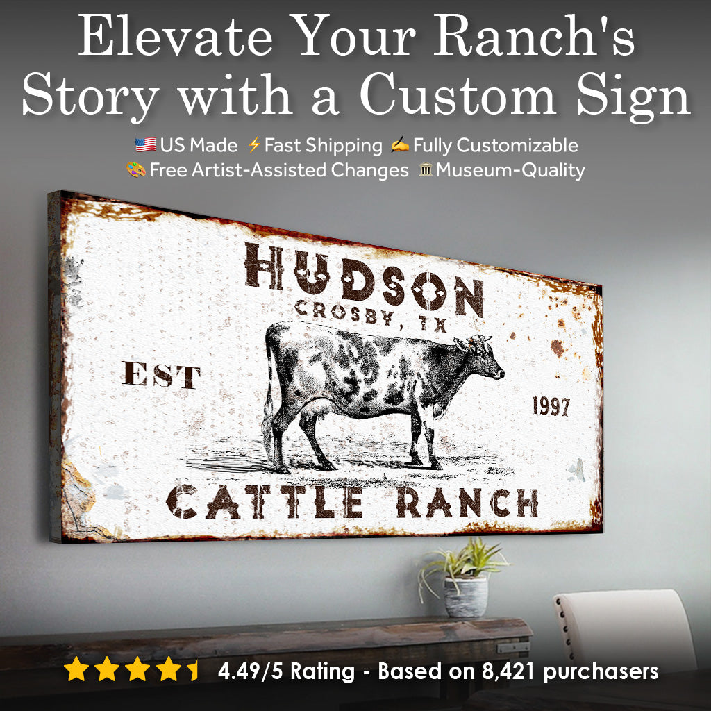 Cattle Ranch Rustic Sign canvas by Tailored Canvases with weathered white, rusted edges on Tampa Home & Garden Store