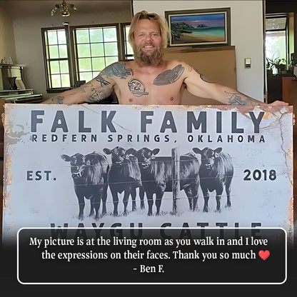 Tailored Canvases Cattle Ranch Rustic Sign canvas with wagyu cattle and Falk Family on Tampa Home & Garden Store