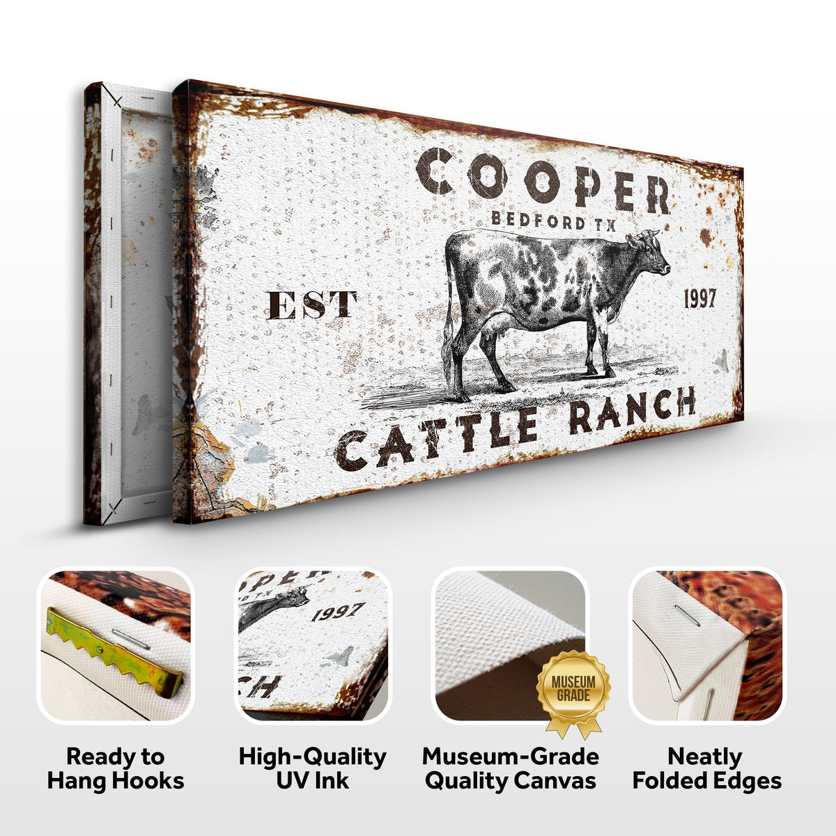 Cattle Ranch Rustic LP1 canvas art by Tailored Canvases with sign and cow illustration on Tampa Home & Garden Store