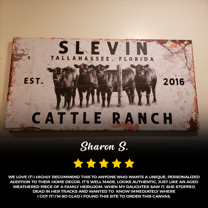 Personalized Cattle Ranch Rustic Sign II canvas with distressed white finish and black cattle on Tampa Home & Garden Store