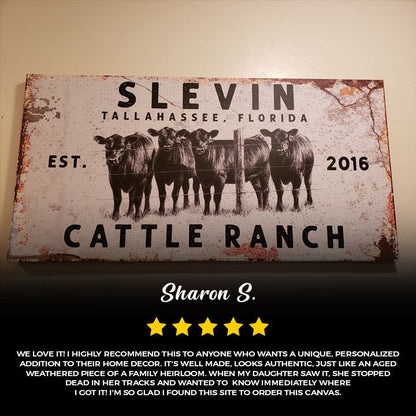 Personalized Cattle Ranch Rustic Sign II canvas with distressed white finish and black cattle on Tampa Home & Garden Store