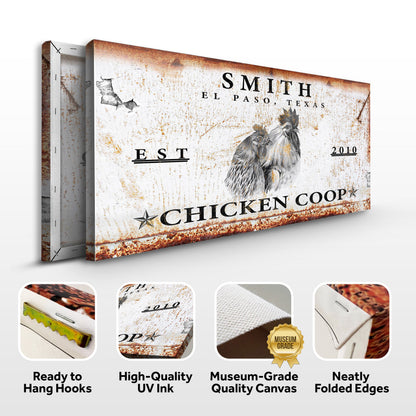 Chicken Coop Sign V canvas with rusted vintage sign design featuring roosters on Tampa Home & Garden Store