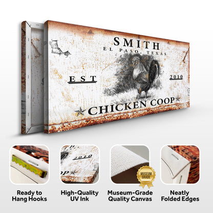 Chicken Coop Sign VI Tailored Canvases canvas with rusted metal texture and rooster illustration on Tampa Home & Garden Store