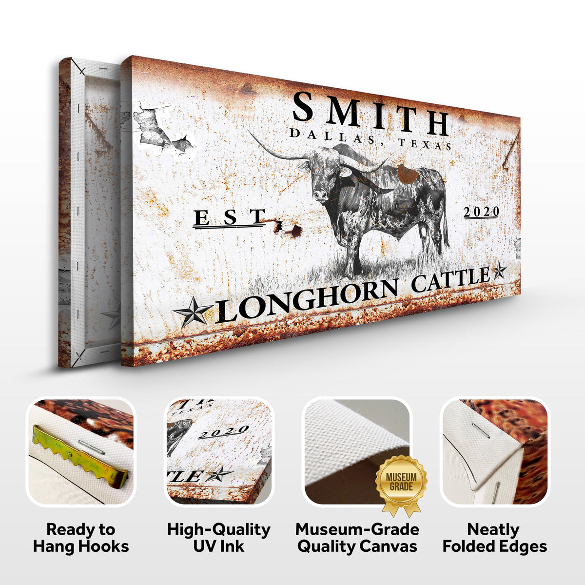 Longhorn Rustic Cattle Sign III canvas by Tailored Canvases with rusted weathered texture on Tampa Home & Garden Store