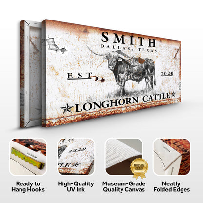 Longhorn Rustic Cattle Sign III canvas by Tailored Canvases with rusted weathered texture on Tampa Home & Garden Store