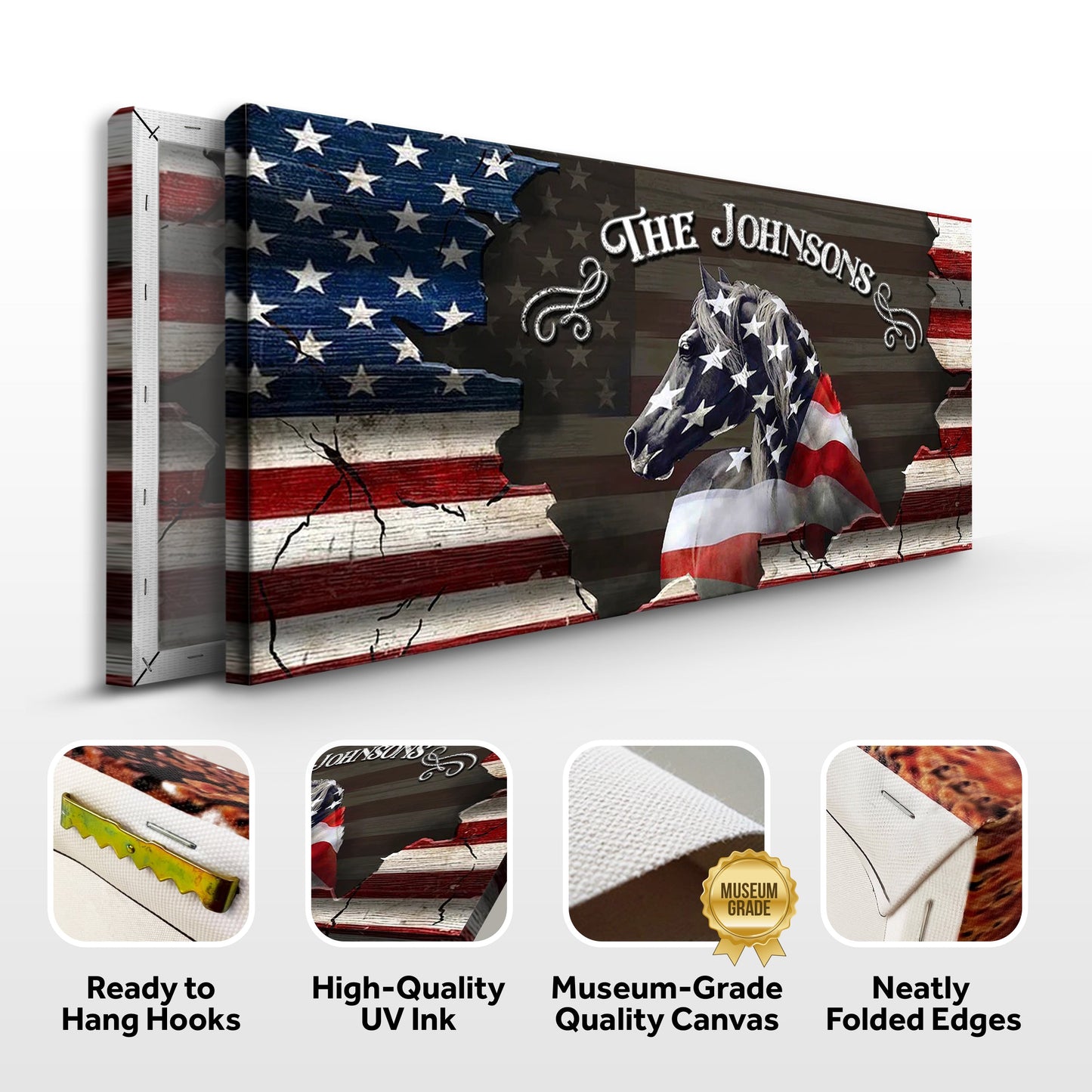 Family Name Sign canvas art American Horse Wall Art with flag backdrop Tailored Canvases on Tampa Home & Garden Store
