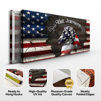 Family Name Sign canvas art American Horse Wall Art with flag backdrop Tailored Canvases on Tampa Home & Garden Store