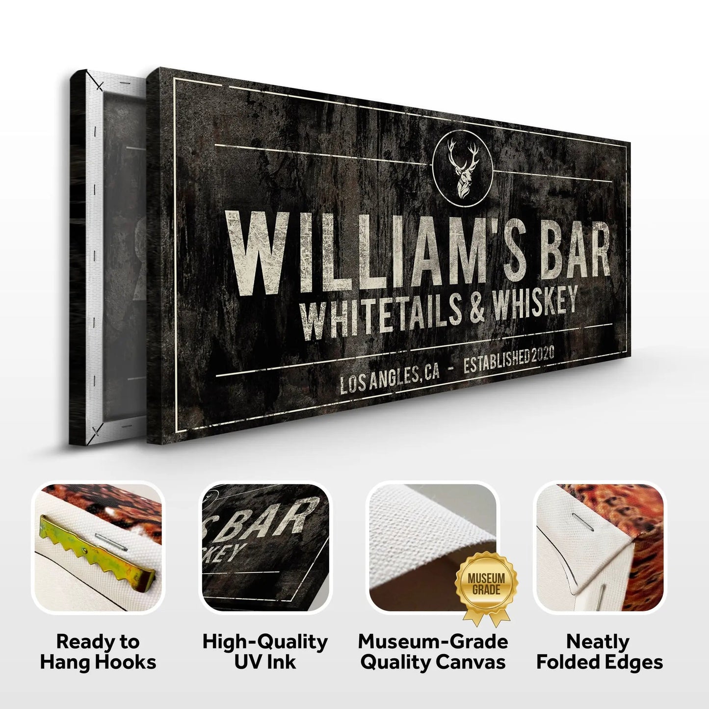 Whitetails & Whiskey sign on rustic black canvas by Tailored Canvases, crafting canvas with deer crest on Tampa Home & Garden Store