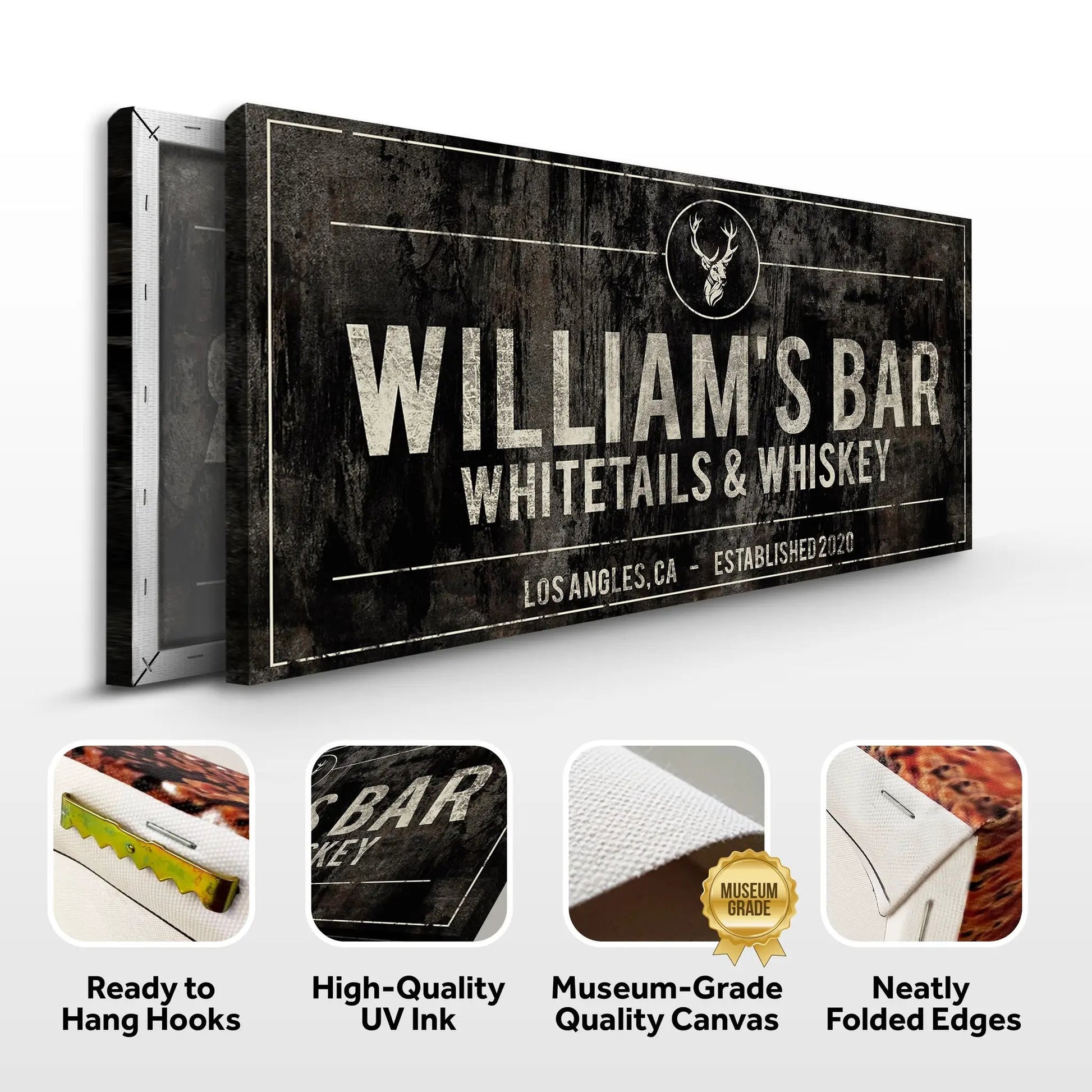 Whitetails & Whiskey sign on rustic black canvas by Tailored Canvases, crafting canvas with deer crest on Tampa Home & Garden Store