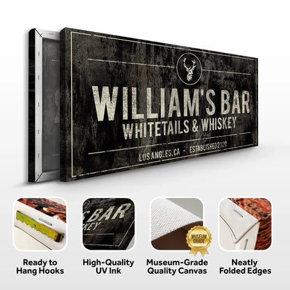 Whitetails & Whiskey sign on rustic black canvas by Tailored Canvases, crafting canvas with deer crest on Tampa Home & Garden Store