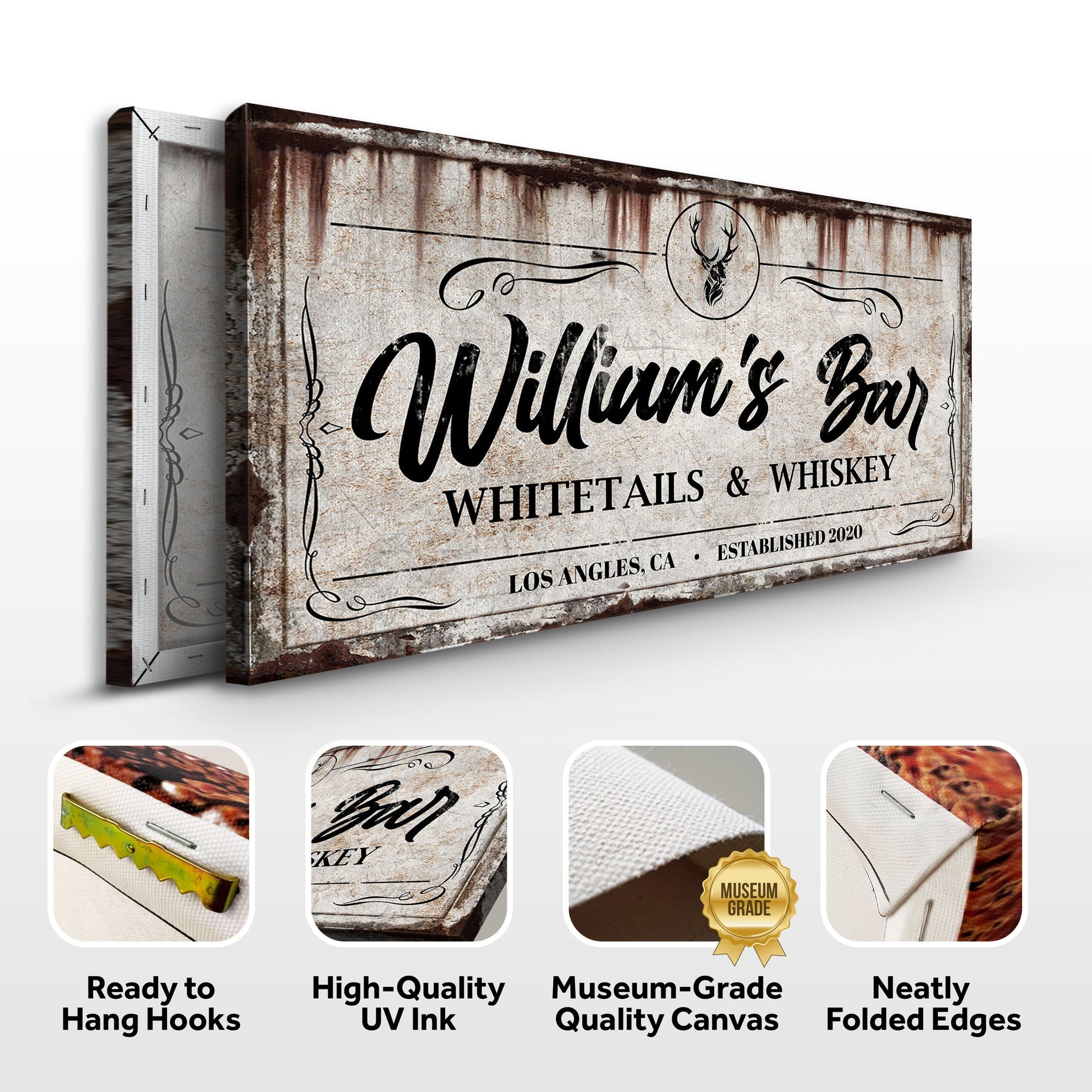 Two rustic Tailored Canvases crafting canvas signs with Whitetails & Whiskey deer emblem on Tampa Home & Garden Store