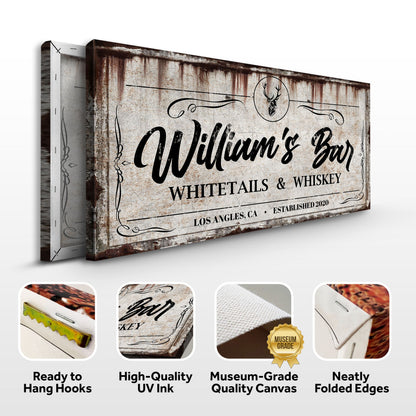 Two rustic Tailored Canvases crafting canvas signs with Whitetails & Whiskey deer emblem on Tampa Home & Garden Store