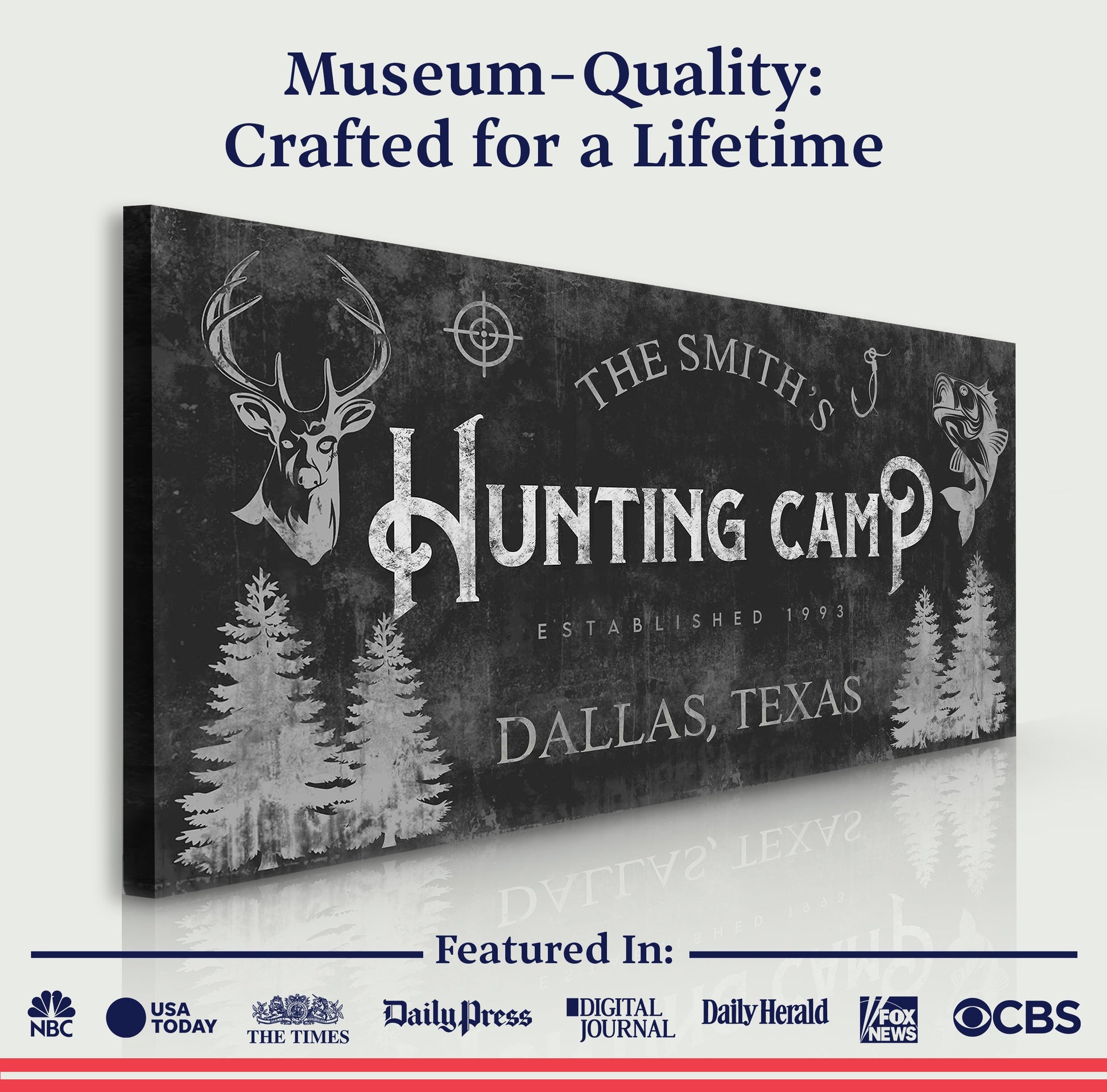 Fishing And Hunting Sign III canvas by Tailored Canvases, rustic deer head and trees design on Tampa Home & Garden Store