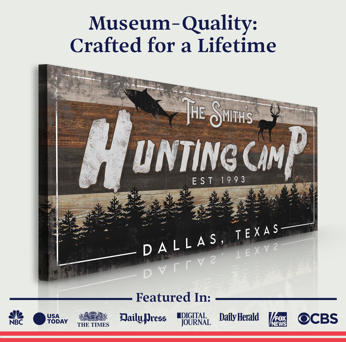 Fishing And Hunting Sign IV canvas rustic wood sign with deer silhouettes on Tampa Home & Garden Store
