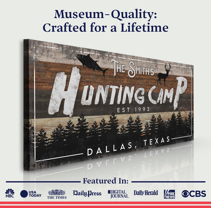 Fishing And Hunting Sign IV canvas rustic wood sign with deer silhouettes on Tampa Home & Garden Store