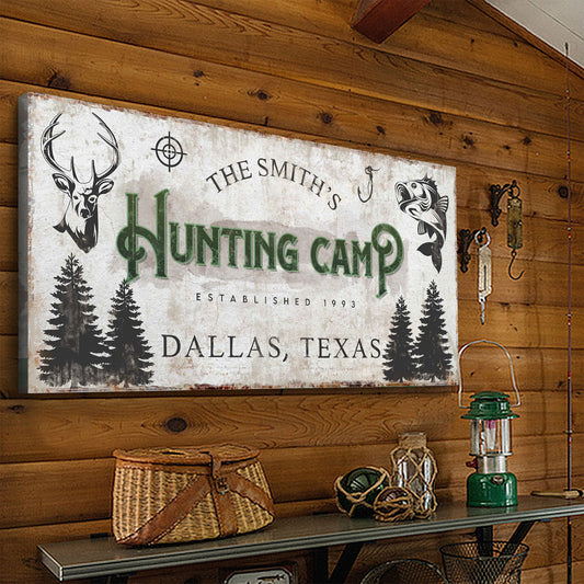 Canvas fishing and hunting sign by Tailored Canvases, rustic finish with deer head and fish on Tampa Home & Garden Store