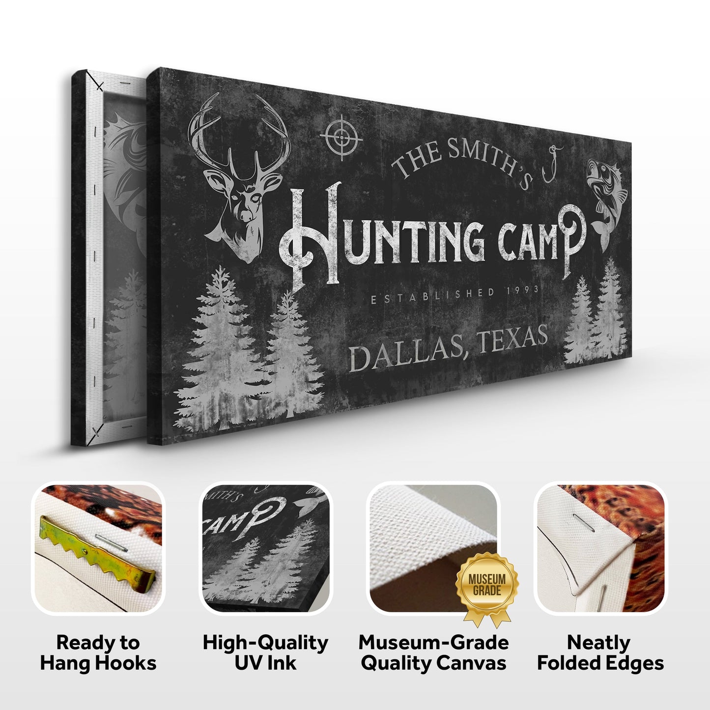 Fishing And Hunting Sign III canvas by Tailored Canvases; distressed black gray with deer on Tampa Home & Garden Store