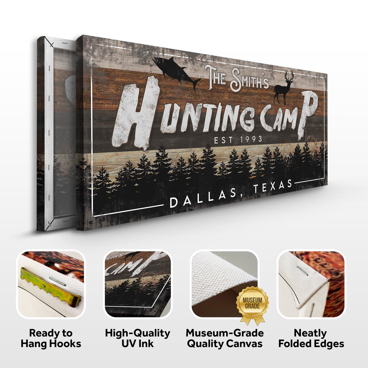 Fishing And Hunting Sign IV canvas by Tailored Canvases with rustic wood panels and silhouettes on Tampa Home & Garden Store