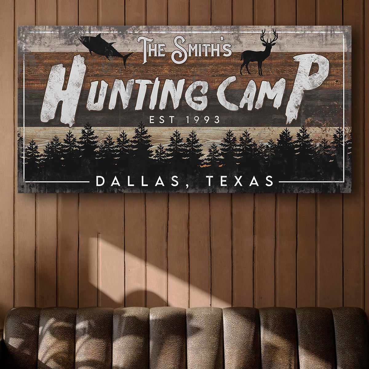 Fishing And Hunting Sign IV canvas sign with hunting camp and deer on Tampa Home & Garden Store