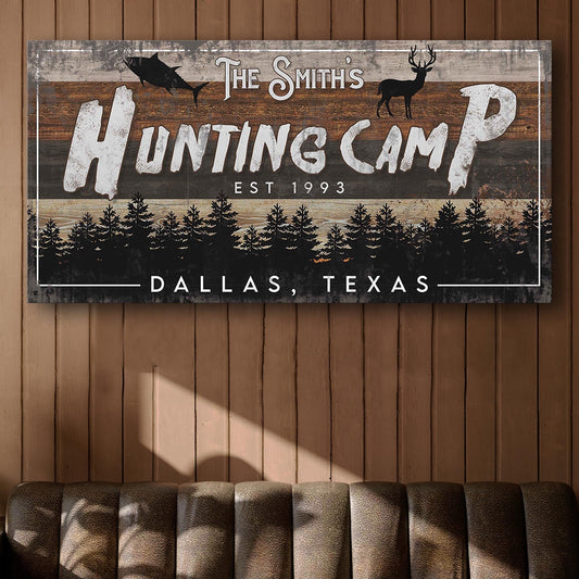 Fishing And Hunting Sign IV canvas sign with hunting camp and deer on Tampa Home & Garden Store