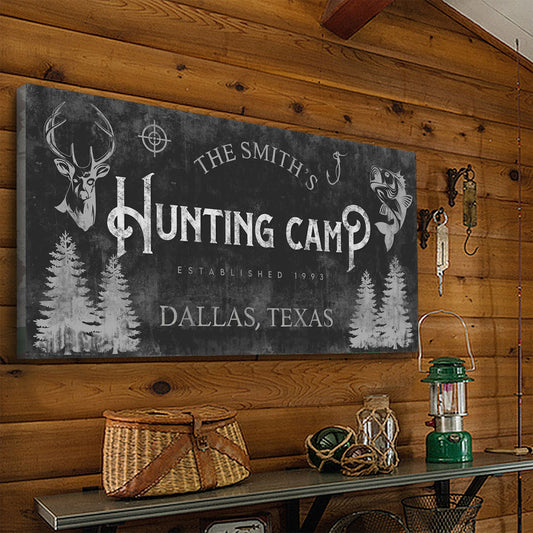 Canvas sign Fishing And Hunting Sign III by Tailored Canvases, deer and fish motif on wood backdrop on Tampa Home & Garden Store